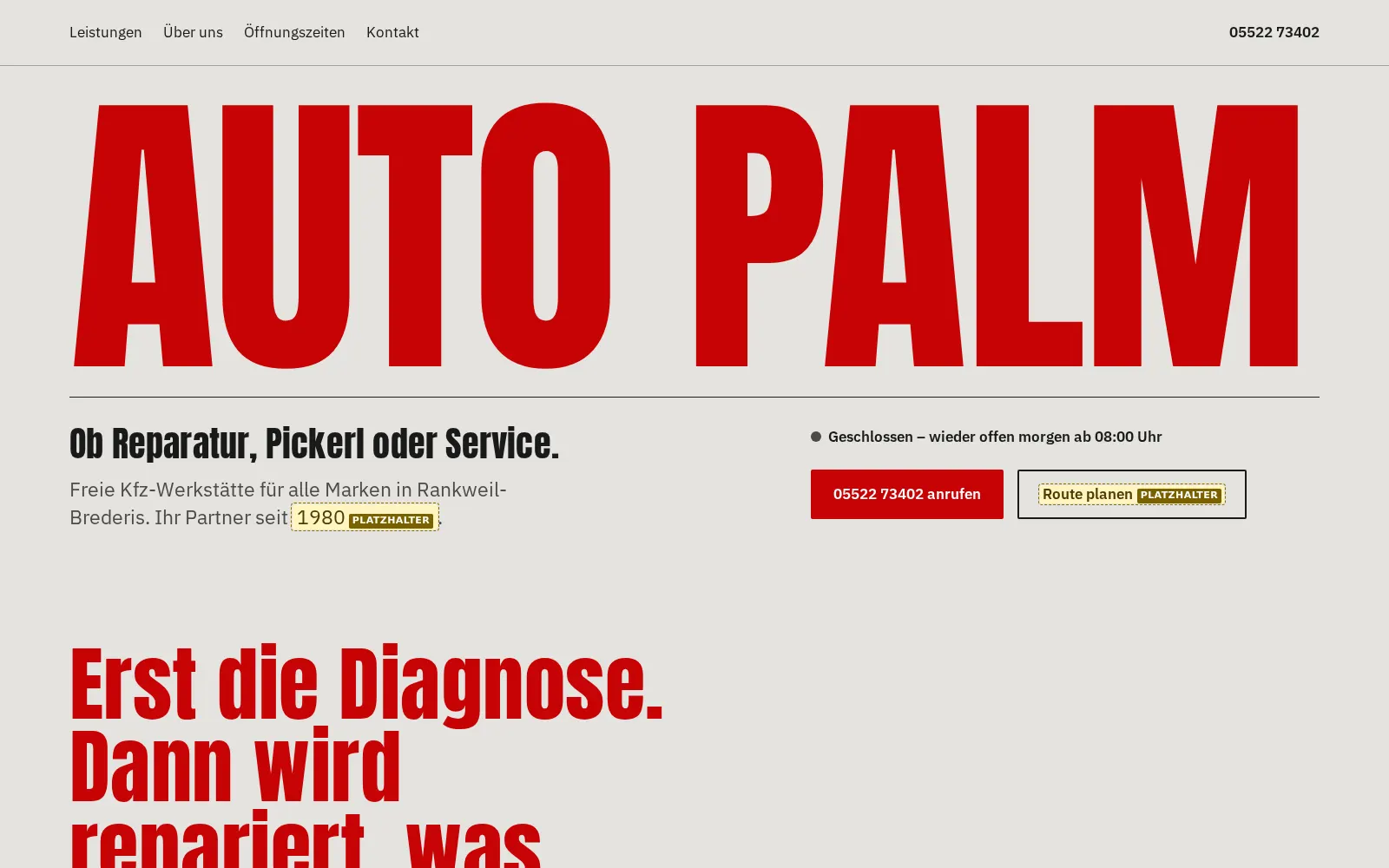 Vorschau Entwurf 1: roter Schriftzug AUTO PALM über die ganze Breite auf Werkstattgrau